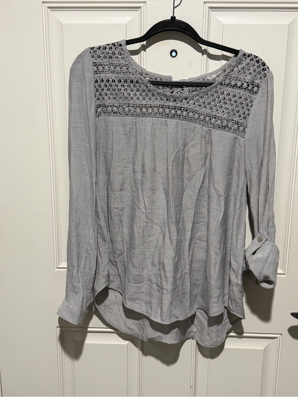 Sweet Wanderer Light Gray Crochet Yoke Blouse